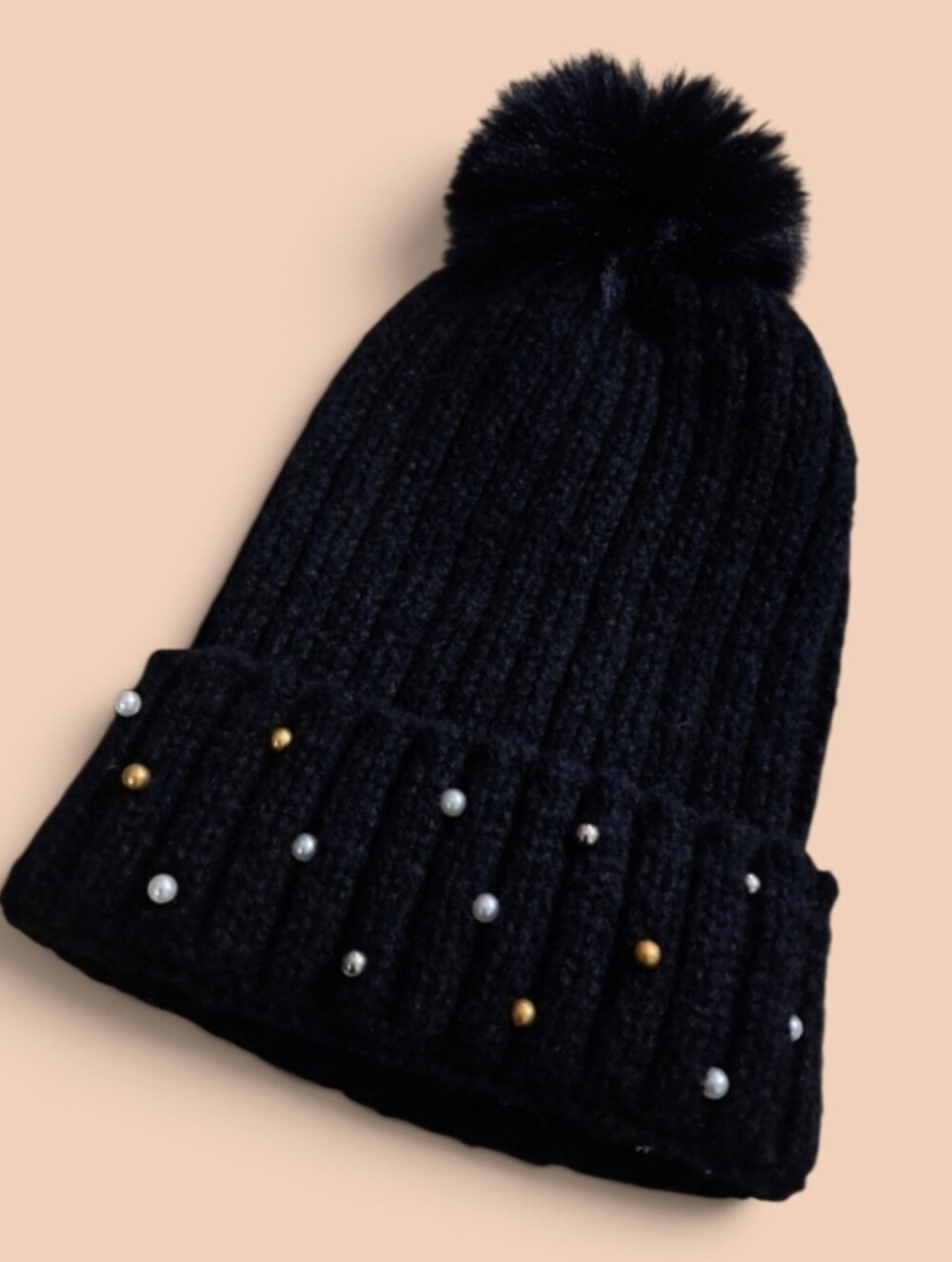 Marcus Adler Black Knit Beanie with Pom Pom & Multicolored Beads